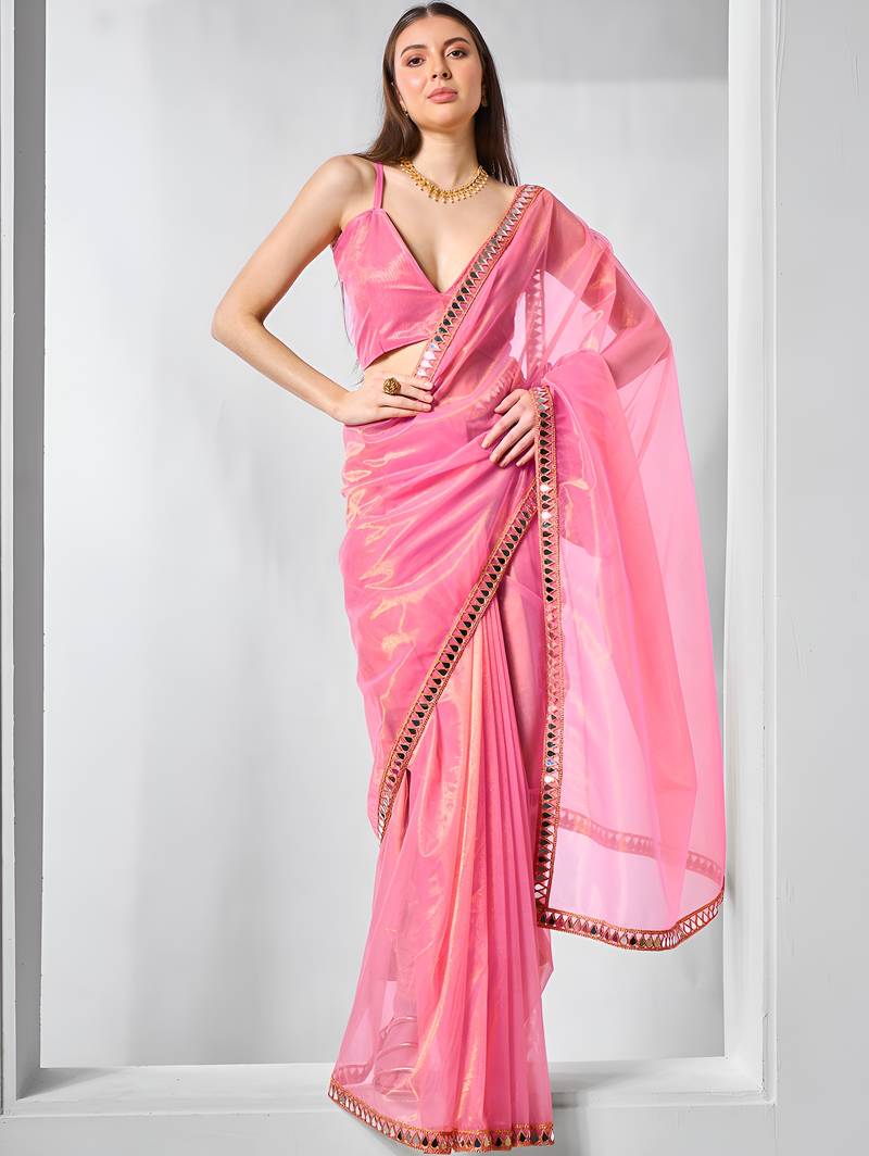Pink color gold twill net fabric real mirror and coding lace work work designer saree