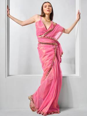 Pink gold twill net real mirror and coding lace work work saree 2