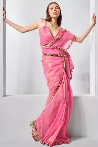 Pink gold twill net real mirror and coding lace work work saree