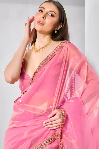 Pink gold twill net real mirror and coding lace work work saree
