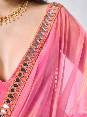 Pink gold twill net real mirror and coding lace work work saree 4