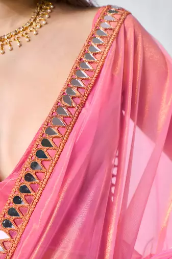 Pink gold twill net real mirror and coding lace work work saree