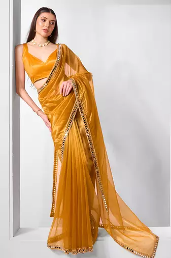 Mustard color gold twill net fabric real mirror and coding lace work work designer saree
