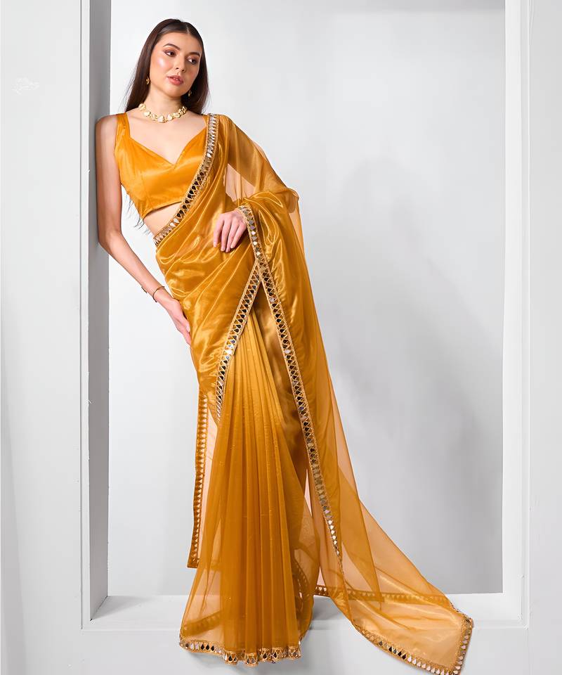 Mustard color gold twill net fabric real mirror and coding lace work work designer saree