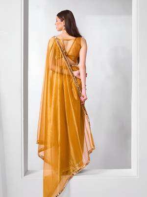 Mustard gold twill net real mirror and coding lace work work saree 2