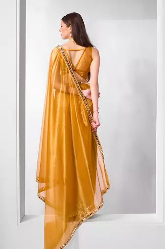 Mustard gold twill net real mirror and coding lace work work saree