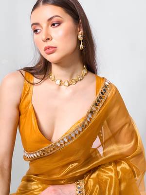 Mustard gold twill net real mirror and coding lace work work saree 3