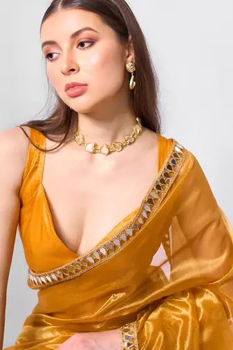 Mustard gold twill net real mirror and coding lace work work saree