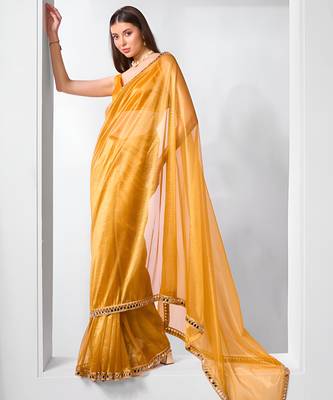 Mustard gold twill net real mirror and coding lace work work saree 4