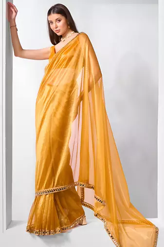 Mustard gold twill net real mirror and coding lace work work saree