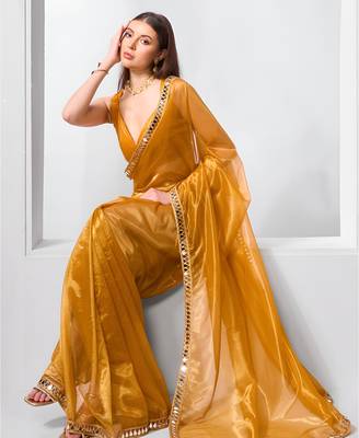 Mustard gold twill net real mirror and coding lace work work saree 5