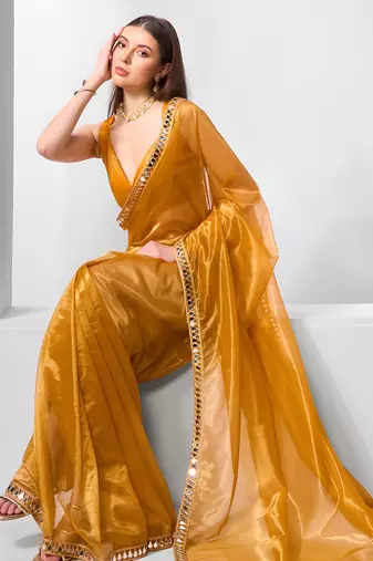 Mustard gold twill net real mirror and coding lace work work saree