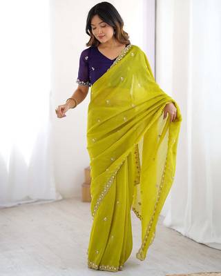Lemon chinon embroidery and pearl work work saree 1