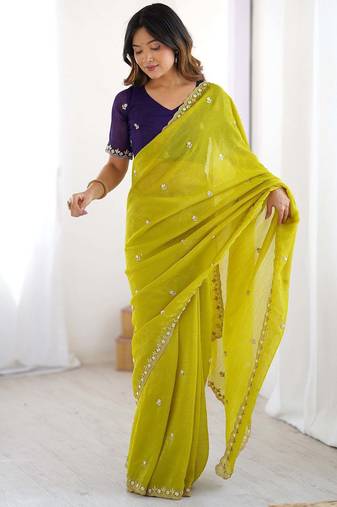Lemon color chinon fabric embroidery and pearl work work designer saree