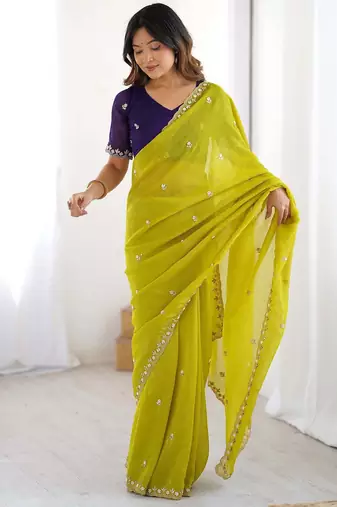 Lemon color chinon fabric embroidery and pearl work work designer saree