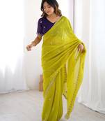 Lemon color chinon fabric embroidery and pearl work work designer saree