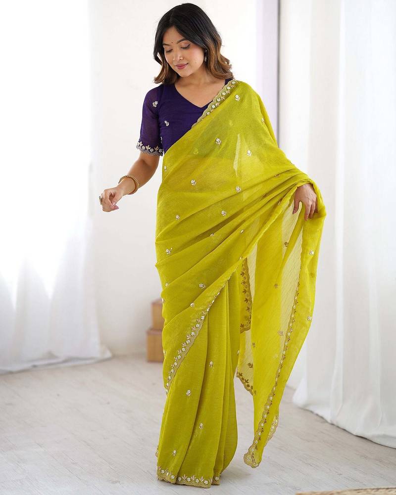 Lemon color chinon fabric embroidery and pearl work work designer saree
