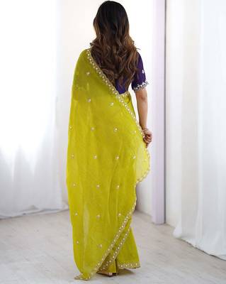 Lemon chinon embroidery and pearl work work saree 2