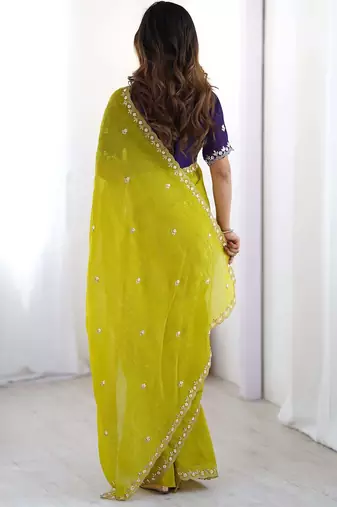 Lemon chinon embroidery and pearl work work saree