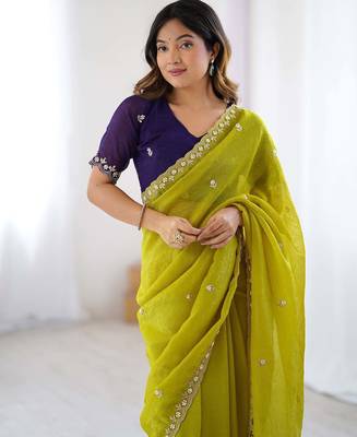 Lemon chinon embroidery and pearl work work saree 3