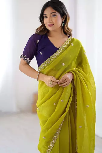 Lemon chinon embroidery and pearl work work saree
