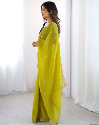 Lemon chinon embroidery and pearl work work saree 4