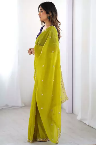 Lemon chinon embroidery and pearl work work saree