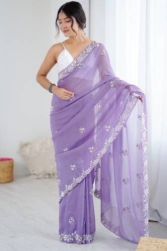 Lavender color chiffon crush fabric heavy designer work partywear saree