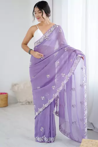 Lavender color chiffon crush fabric heavy designer work partywear saree