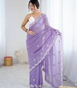 Lavender color chiffon crush fabric heavy designer work partywear saree