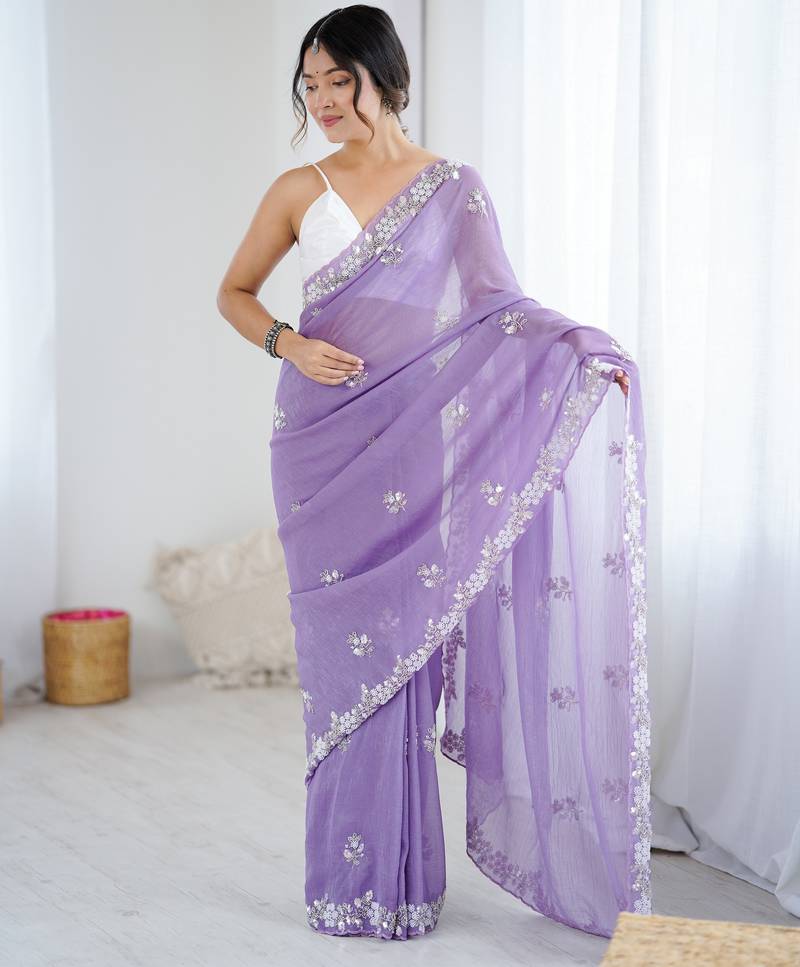 Lavender color chiffon crush fabric heavy designer work partywear saree