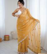 Mustard color chiffon crush fabric heavy designer work partywear saree