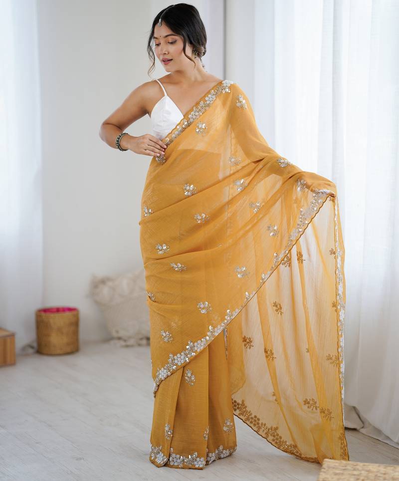 Mustard color chiffon crush fabric heavy designer work partywear saree