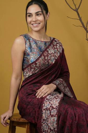 soft art silk floral printed saree with rainbow zari woven pallu and contrast blouse