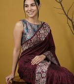 soft art silk floral printed saree with rainbow zari woven pallu and contrast blouse