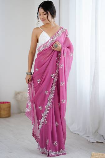 Pink color chiffon crush fabric heavy designer work partywear saree