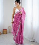 Pink color chiffon crush fabric heavy designer work partywear saree