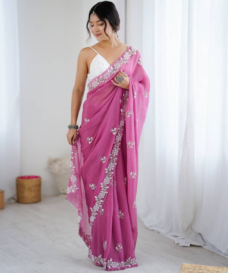 Pink color chiffon crush fabric heavy designer work partywear saree