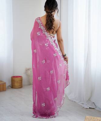 Pink chiffon crush heavy work partywear saree 2
