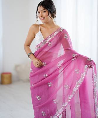 Pink chiffon crush heavy work partywear saree 3