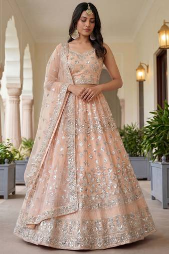Glamorous Peach Zari Work Net Engagement Wear Lehenga Choli