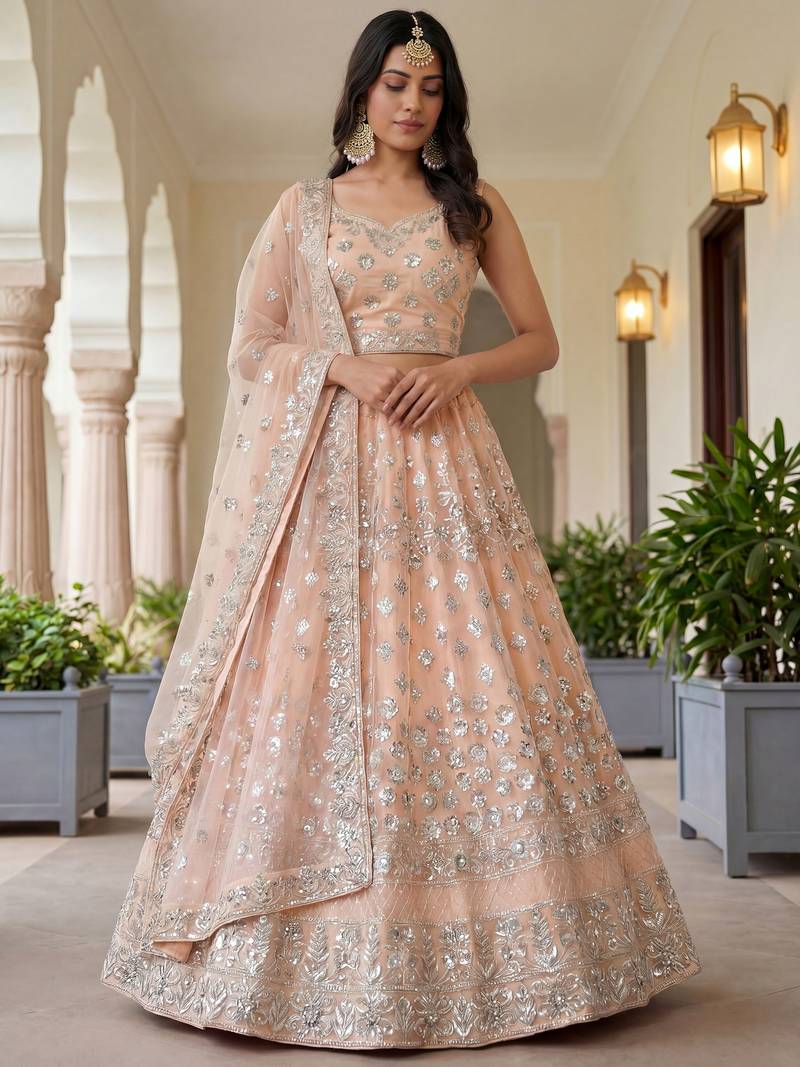 Glamorous Peach Zari Work Net Engagement Wear Lehenga Choli