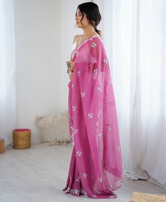 Pink chiffon crush heavy work partywear saree 4