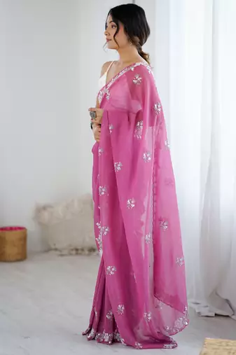 Pink chiffon crush heavy work partywear saree