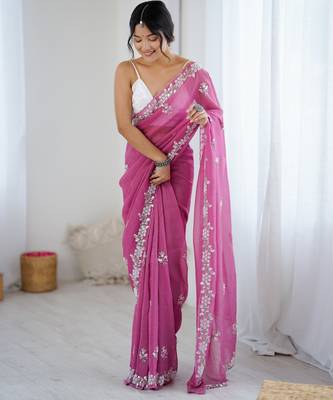 Pink chiffon crush heavy work partywear saree 5