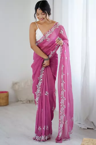 Pink chiffon crush heavy work partywear saree