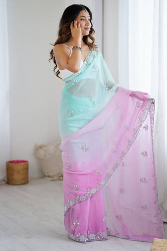 Sea green color chiffon crush fabric heavy designer work partywear saree