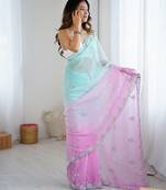 Sea green color chiffon crush fabric heavy designer work partywear saree