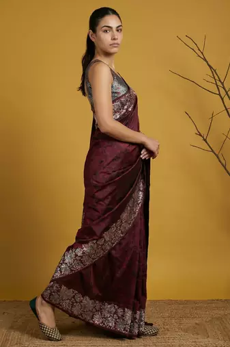 soft art silk floral printed saree with rainbow zari woven pallu and contrast blouse