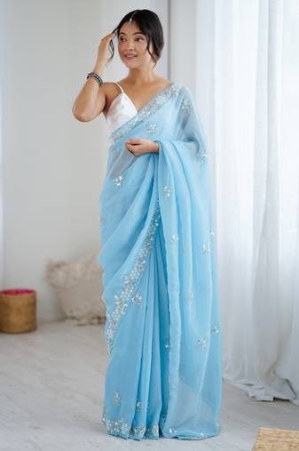 Sky blue color chiffon crush fabric heavy designer work partywear saree